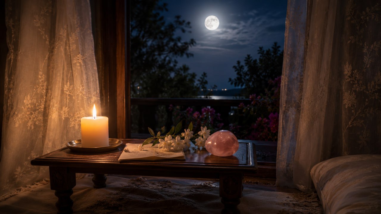 A small wooden altar table by an open window, lit candle, jasmine, rose quartz crystal, full moon